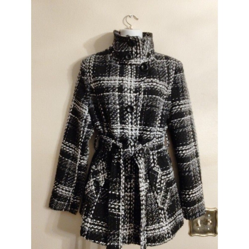 Ci Sono by Cavallini Women Double Breasted Belted Black White Trench Coat Size L